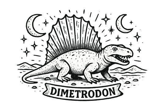 Dimetrodon Desert Moons. Hand-drawn dimetrodon with moons, desert, and sparkles, center word &ldquo;Dimetrodon&rdquo; in black and white isolated transparent background