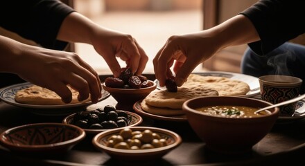 Hands reaching for dates olives and flatbread from dishes on a table alongside a bowl of soup and a steaming cup