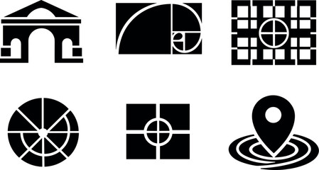 Solid vector icons of neuro-biological golden ratio architecture: phi-proportioned fa&ccedil;ade arc, harmonic spiral