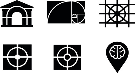  Solid vector icons of neuro-biological golden ratio architecture: phi-proportioned fa&ccedil;ade arc, harmonic spiral