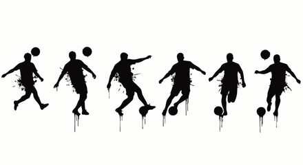 Black silhouettes of soccer players in various poses with splashes white background