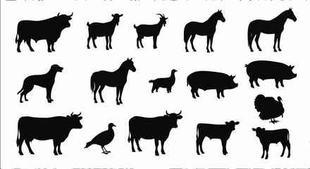 Obraz premium Black silhouettes of various farm animals on white background