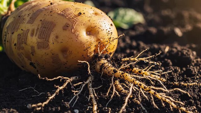 Freshly harvested potato with roots