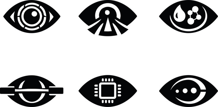 Futuristic Prosthetic Eye Designs. Solid vector icons of next-gen prosthetic eyes: optical capture ring, 3D-depth pulse emitter,