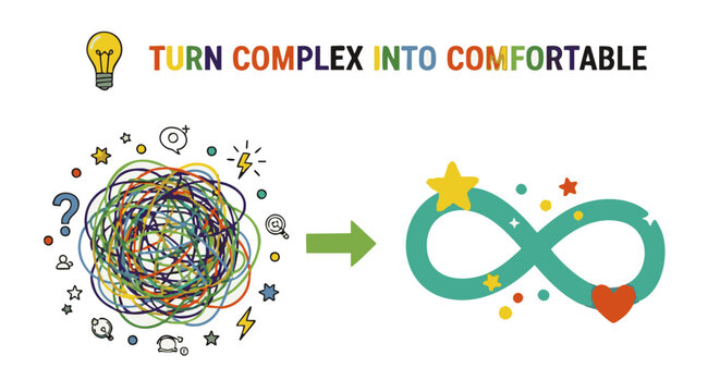 Colorful tangled lines transform into infinity symbol with stars and heart