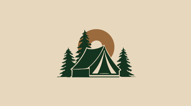 A camping logo design featuring a tent, trees and a brown circle