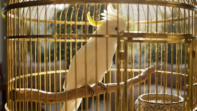 Beautiful white cockatoo parrot with its crested feathers perched inside an ornate golden cage looking alert and chirping sounds