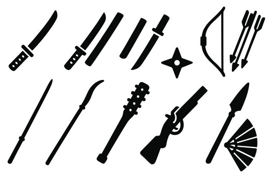 Samurai Weapon Icons. Solid style icons of Samurai weapons: katana, wakizashi, tanto, yumi bow, yari spear, naginata polearm, shuriken, bow arrows, tessen war fan, kanabo club, matchlock gun