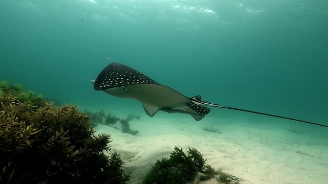 Slow motion shot of an eagle ray gliding gracefully above a sandy seabed in a shallow lagoon. Calm movement highlights its winglike fins, filmed at Byron Bay, Australia.