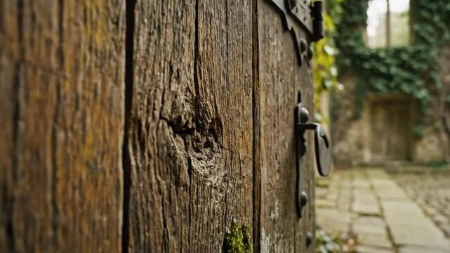 Weathered wooden door with antique metal hardware in front of a courtyard overgrown with ivy