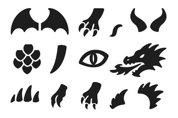 Dragon Anatomy Icons. Solid style icons of Dragon anatomy: wings, claws, tail, horns, scales, fangs, eyes, snout, fire breath, spikes, talons, frill No texttransparent background, Solid style