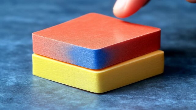 Two colorful, rectangular sponge blocks stacked on a textured surface. Each has a different hue