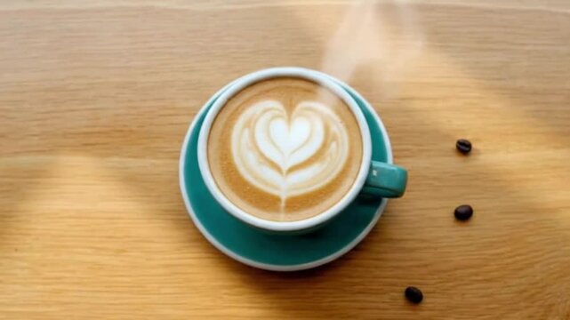 Steaming Hot Latte Art: Perfect Heart Design Coffee in Teal Mug | Cozy Cafe Vibe Flat Lay on Wooden Table with Beans