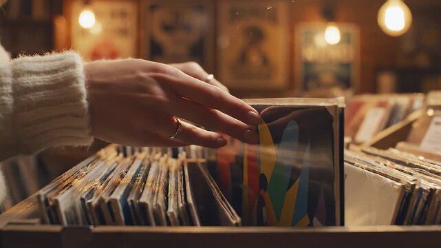 Hands browsing vinyl records in a shop