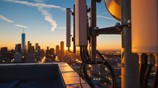 Cell tower equipment overlooking city skyline at sunset with brilliant golden light and clear blue sky
