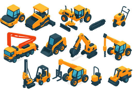 Construction Equipment Icons. Isometric vector illustration set Construction: road roller, paver machine, grader, asphalt cutter,