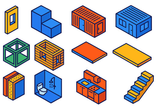 Colorful Construction Icons. Isometric vector illustration set Construction: prefabricated wall panel, modular building block,