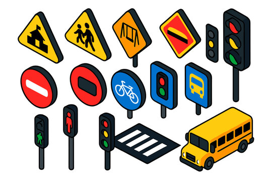 Safety Sign Icons. Isometric vector illustration set Safety and Warning: school zone sign, children crossing sign, playground