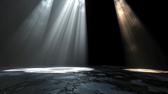 Illuminated Stage: The image portrays a stage bathed in dramatic spotlight, with beams of light piercing through the darkness