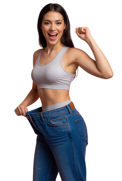 Mulher Morena Vestindo Roupas Cinza Fitness de Academia e Cal&ccedil;a Jeans Comemorando o Emagrecimento
