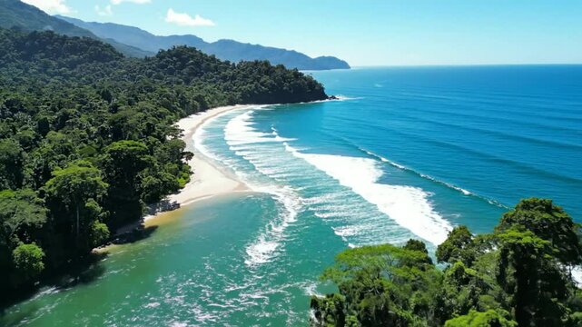 Breathtaking aerial view of a tropical beach with turquoise water and lush green forest under a clear blue sky