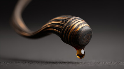 Wooden honey dipper with golden honey droplet suspended from spiral grooves on dark surface, close-up of natural sweetener