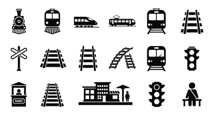 Black railway icons depicting trains tracks and stations silhouette © mst