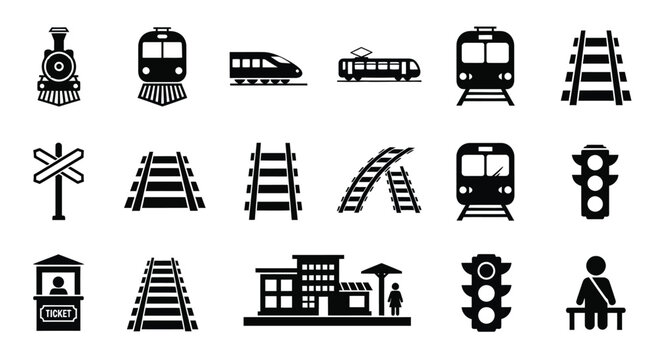 Black railway icons depicting trains tracks and stations silhouette