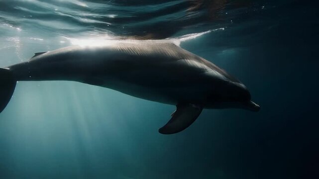 Graceful dolphin swimming underwater in deep blue ocean with beautiful sunlight rays penetrating the sea surface from above