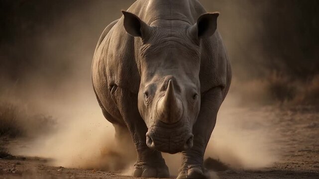 Powerful rhinoceros charging and running through a dusty savanna, kicking up clouds of dirt with aggressive force and determination