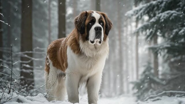 Majestic saint bernard standing proudly on a path in a beautiful snowy forest. Snowflakes are gently falling, covering the winter landscape