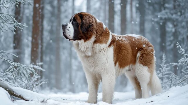 Beautiful, fluffy saint bernard dog standing proudly in a winter forest. Gentle snowflakes are falling on its fur in a serene, cold landscape