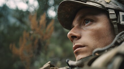 Obraz premium A man in a camouflage hat and uniform is looking at the camera