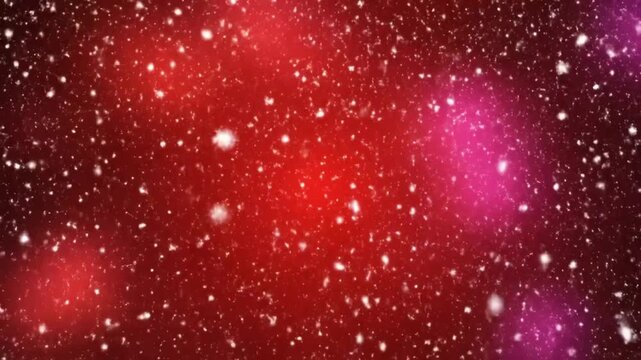 Abstract red space background with glowing particles and falling snow for holiday celebrations and winter themes
