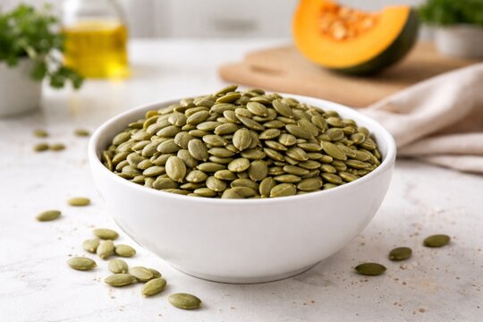 Pumpkin seeds pepitas healthy superfood snack in bowl