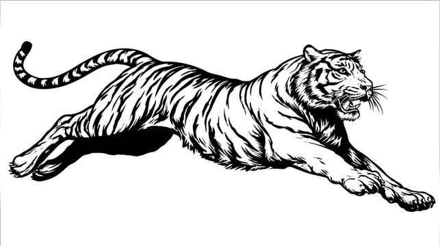A dynamic, black and white illustration depicting a tiger in mid-leap, roaring ferociously
