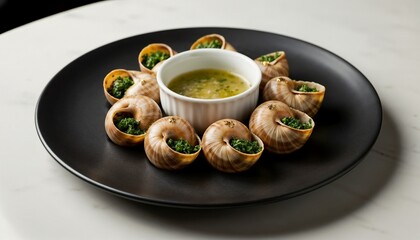 Escargot snails served sumptuously on a black plate, symbolizing the exquisite French cuisine