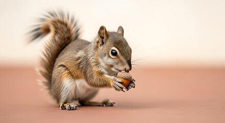 Fototapeta premium Small squirrel is sitting upright while holding and eating a single brown acorn nut.