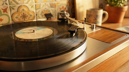 Fototapeta premium vintage record player spinning vinyl in cozy kitchen with warm lighting and retro decor