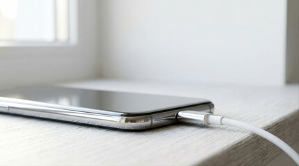 smartphone charging on wooden windowsill using usb cable in bright natural daylight