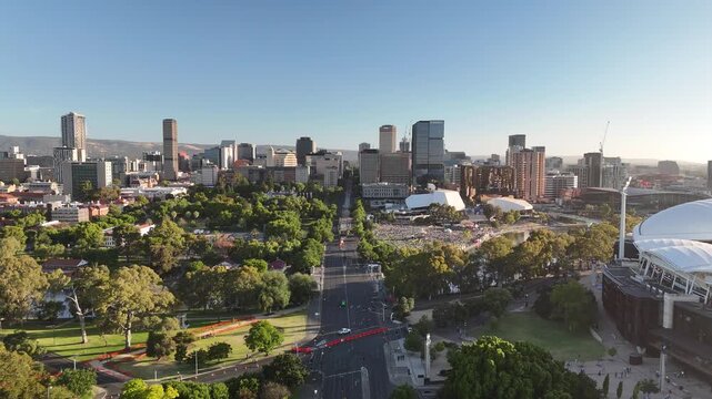 North Adelaide, South Australia: 4K Aerial Drone Footage of City Skylines, CBD, Towers, Parklands, Suburban Houses, Residential Estates, City Landscape at Sunset