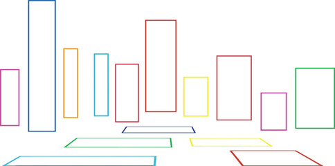 Cityscape illustration with geometric shapes and colorful rectangles viewed from a modern urban perspective