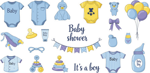 Celebrating a baby boy's arrival with joyful baby shower decorations and gifts in a vibrant scene