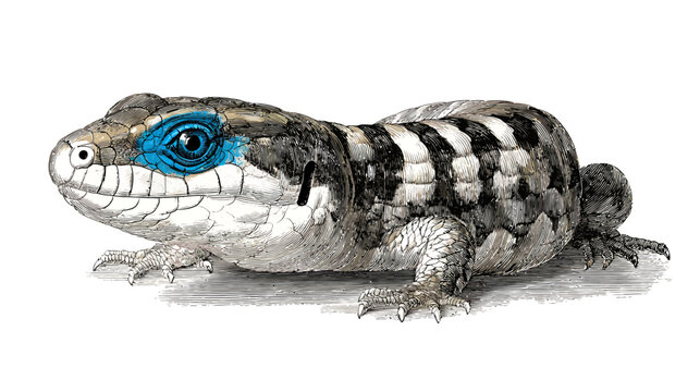 Illustration of a reptile with a blue eye, and patterned body, in a horizontal position