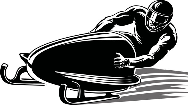 A monochrome illustration of a bobsledder speeding down a track, body poised and ready