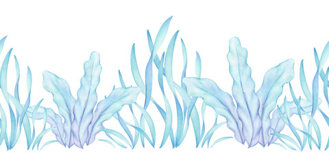 A seamless border of abstract blue seaweed on white background  Watercolor illustration, soft hand-painted minimal style, perfect for wallpaper, packaging, stationery, web design, textiles. © Elena