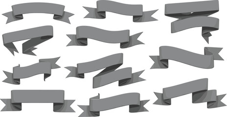 Collection of gray ribbons in various orientations displayed on a clean background from different viewpoints