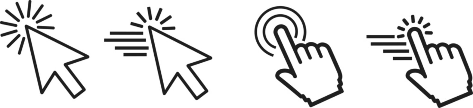 A set of four cursor icons illustrating various mouse actions from left to right, depicted in a simple line art style