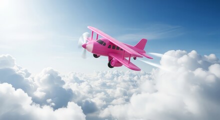 Vibrant pink airplane soaring through fluffy white clouds on a sunny blue sky day with contrails