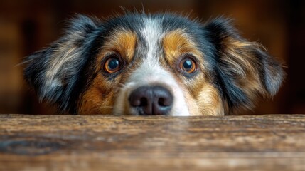 Curious dog peeking over table.